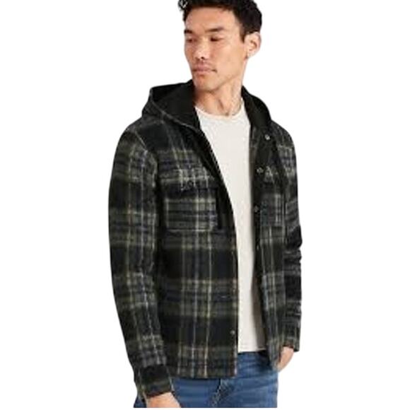 Banana Republic Wool Black Plaid Hooded Shirt Sweater Button Up Jacket Pockets - Picture 1 of 10